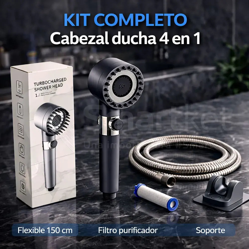 Ducha 4 en 1 de Alta Presión con Filtro y Botón Stop (KIT COMPLETO)